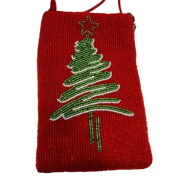 Beaded Christmas Tree Club Bag Two Pocket Crossbody Bamboo Trading Company GUC - Picture 2 of 10